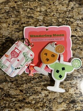 Wandering Moon Pink Cocktail Zipper Pouch & Luggage Tag Set